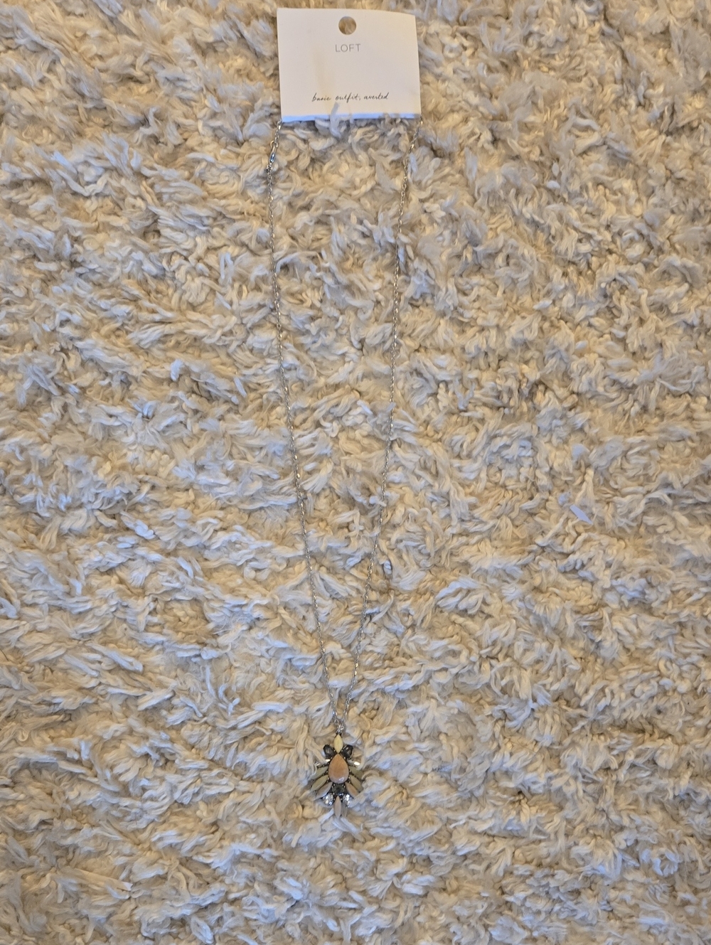 Vintage LOFT Silver Necklace with Opal-Tone Pendant and Clear Accents
